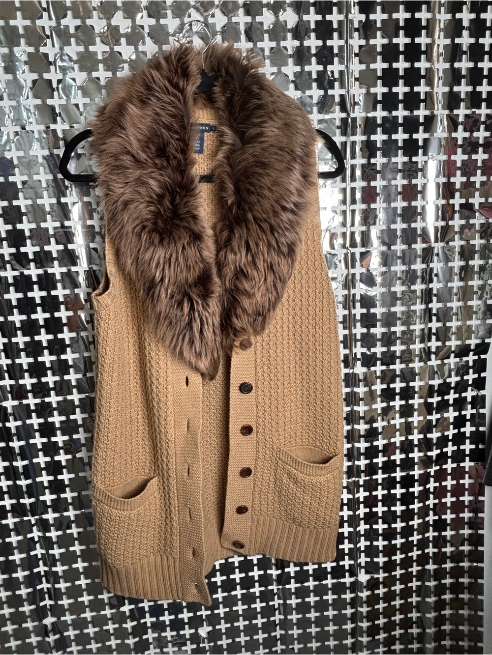 Ralph Lauren Camel Knit Vest with Brown Faux Fur Shawl Collar